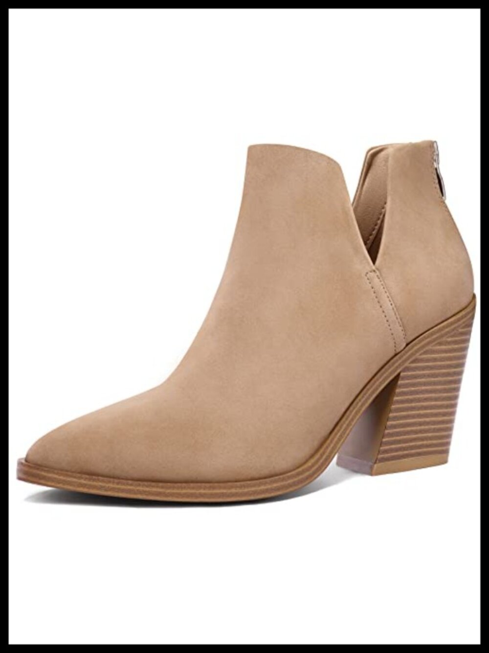 Women's Pointed Toe Cutout Ankle Booties Stacked Chunky Heel Back Zip
